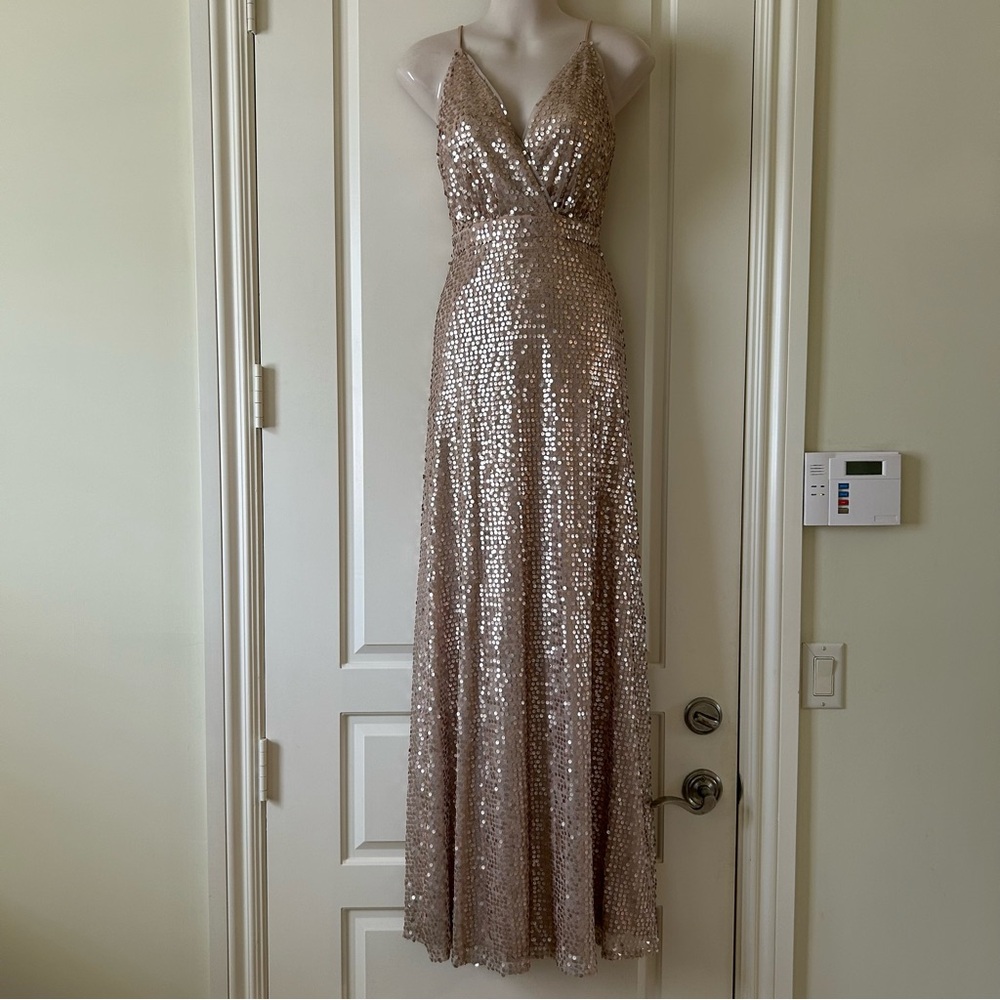 LULU'S Taupe Colored Sequin Maxi Evening Dress, Surplice Bust, Size S, EUC